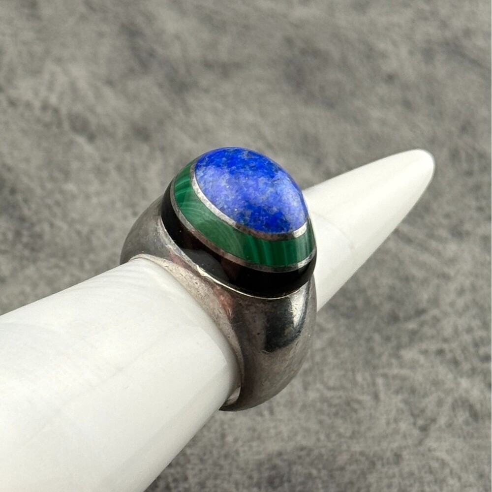 VTG Bullet Dome Ring 925 Silver Inlaid Stacked Malachite Lapis Lazuli Onyx 7.25